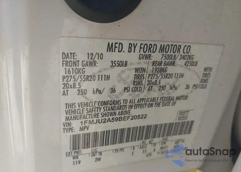 2011 Ford Expedition Limited из США, поврежденный, VIN 1FMJU2A59BEF20522